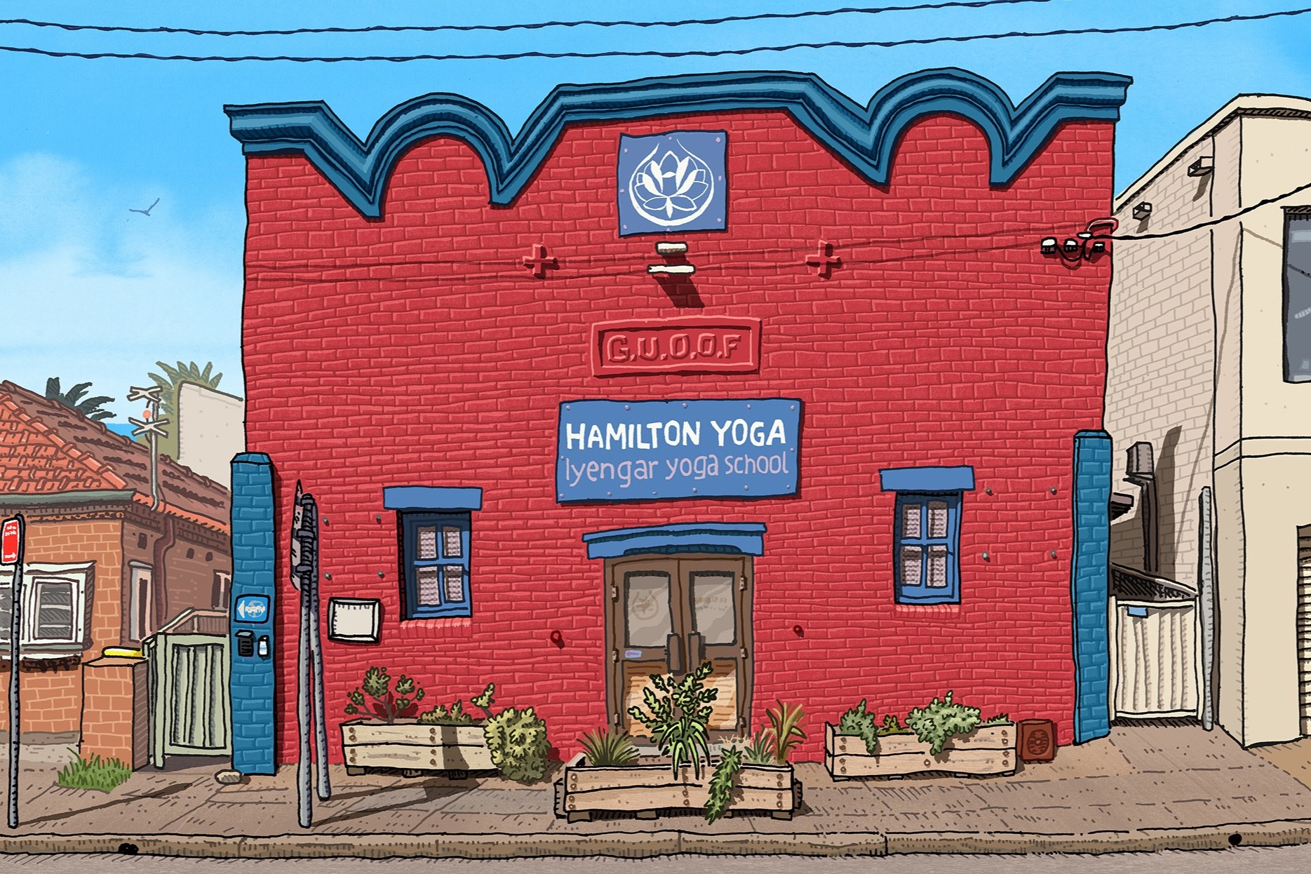 Newcastle artist draws Hamilton Yoga studio, the G.U.O.O.F. hall.
